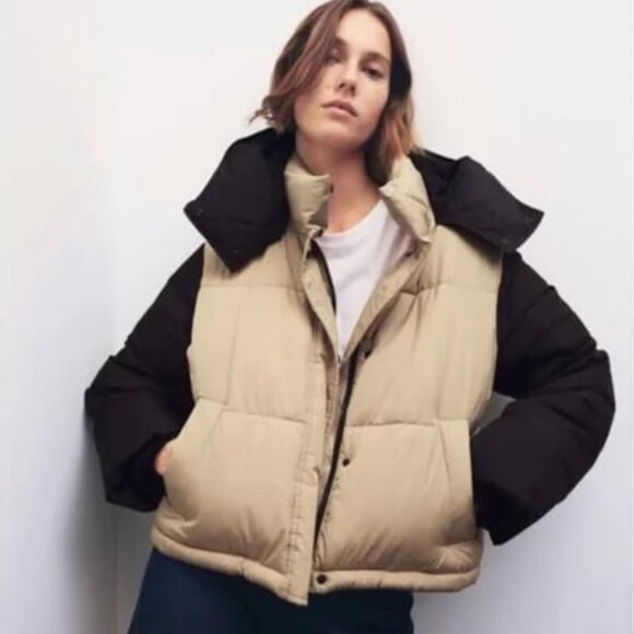 ZARA Color Block Hooded Puffer Jacket Tan\Black S NWOT - Picture 4 of 7